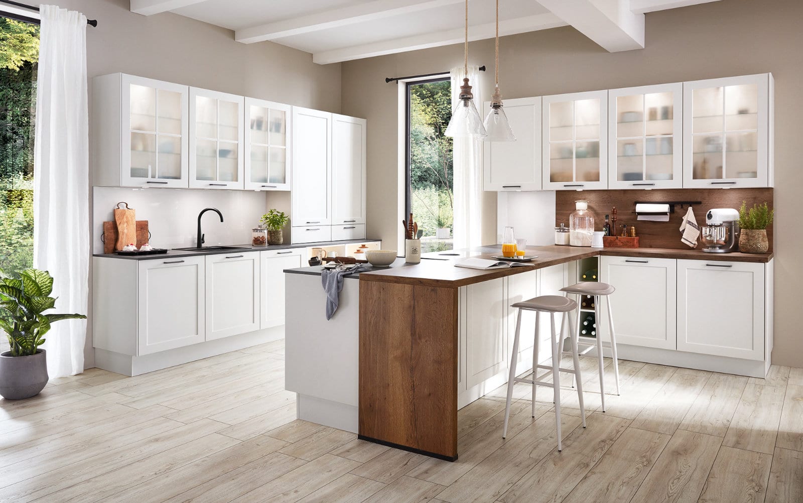Nobilia Matt White Wood Shaker Open Plan L Shaped Kitchen With Island 2021 1 | Lead Wolf, Peterborough